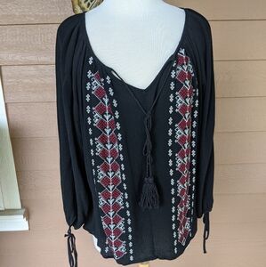 Easel Black Blouse with Red and White Embroidery